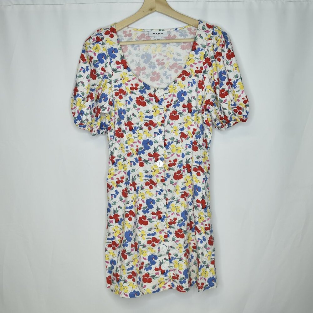 Rixo X Target Women's Dress Short Floral Linen Blend Puff Sleeve Button Up